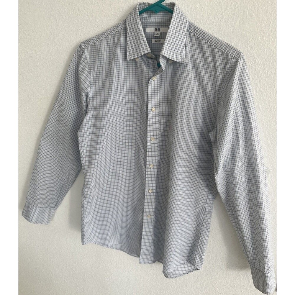 Uniqlo Men’s Slim Fit Checked Button Up Dress Shirt Sz XS White Blue Preppy